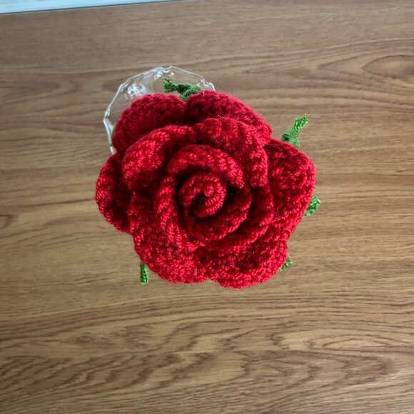 Handmade Crochet Red Rose Flower Arrangement Gift Idea Romantic Home Office Deco - Picture 3 of 5